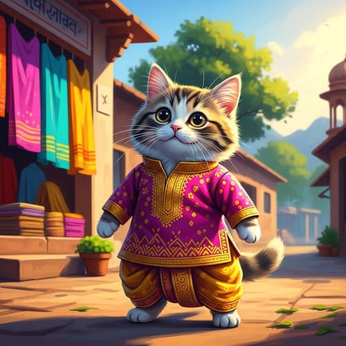 Playful Cat in Indian Dhoti Kurt: Whimsical Digital Painting