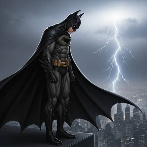 Brooding Bat-Themed Superhero Stands Over City in Solitude