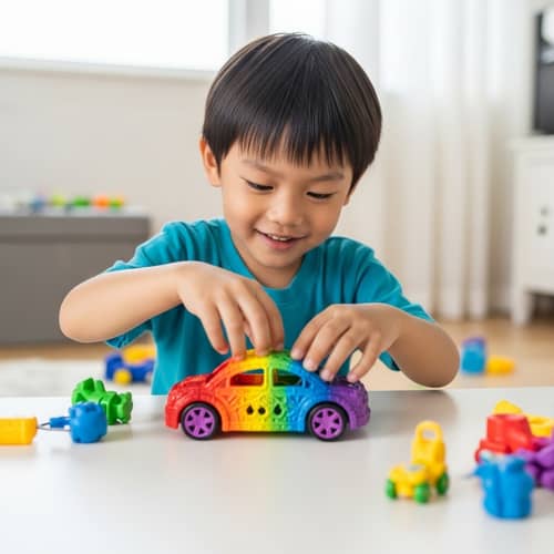 Young Asian Boy Playing with Rainbow Toy Car | Joyful and Engrossed