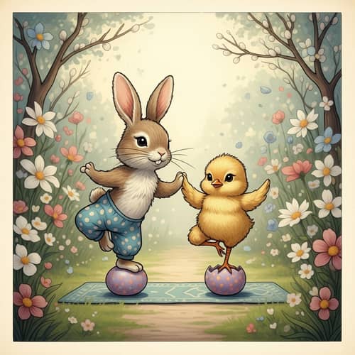 Easter-themed Yoga Scene with Bunny and Chick in Lush Garden