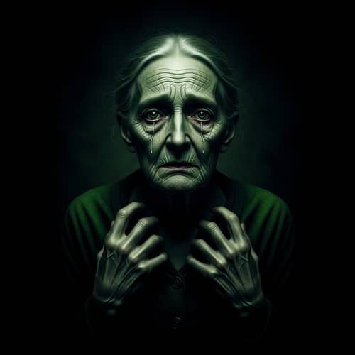 Haunting Visual of Frail Elderly Woman Trapped in Darkness