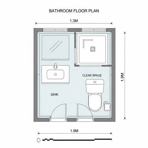 Professional 2D Bathroom Plan: 1.3m x 1.9m Dimensions