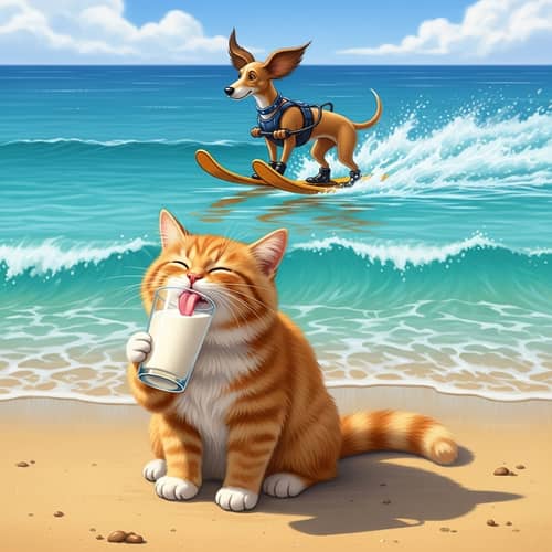 Beach Fun: Cat and Dog Enjoy Milk and Waterski Adventure