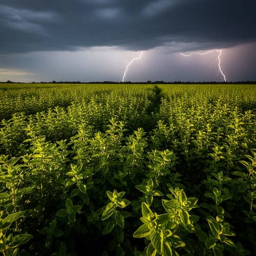 Dramatic Oregano Fields: Shadows, Lightning & Resilience