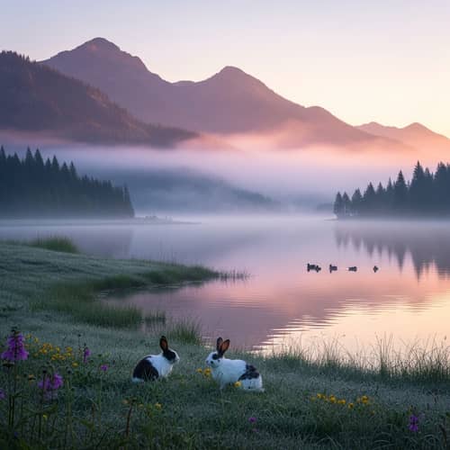 Serene Nature Landscape at Dawn: Misty Mountains & Calm Lake