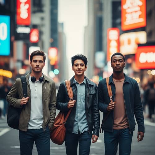 Diverse Group Moving Through Surreal Urban Landscape