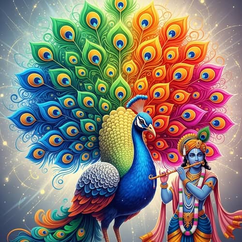 Ornate AI-Generated Peacock with Divine Krishna Illustration