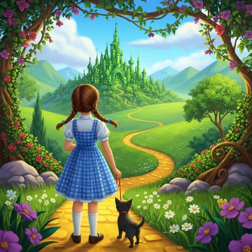 Young Girl in Blue and White Gingham Dress with Dog