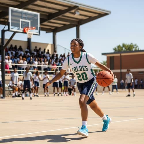 Energetic Nigerian Teenage Girl Playing Basketball | High School Court