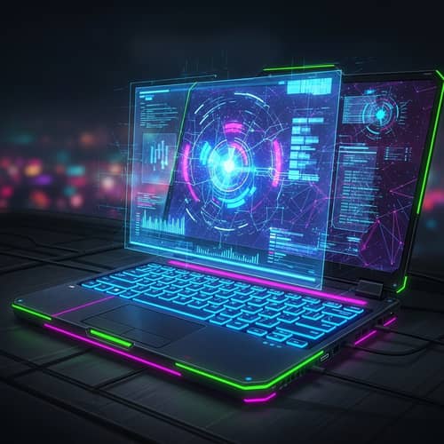 Futuristic Laptop with Holographic Display - Cyberpunk Inspired Design