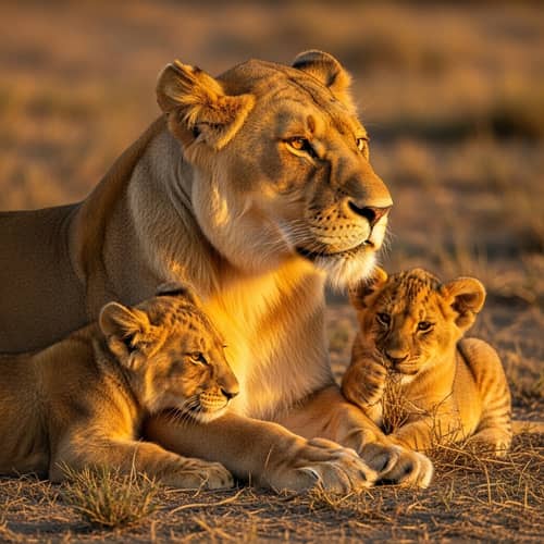 Majestic Mother Lion and Two Playful Lion Cubs in Savannah