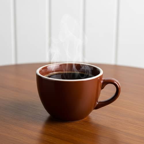 Ceramic Coffee Cup on Wooden Table | Hot Steaming Brew
