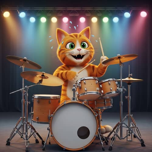 Vibrant Orange Cartoon Cat Playing Drums | Animated Drumming Feline