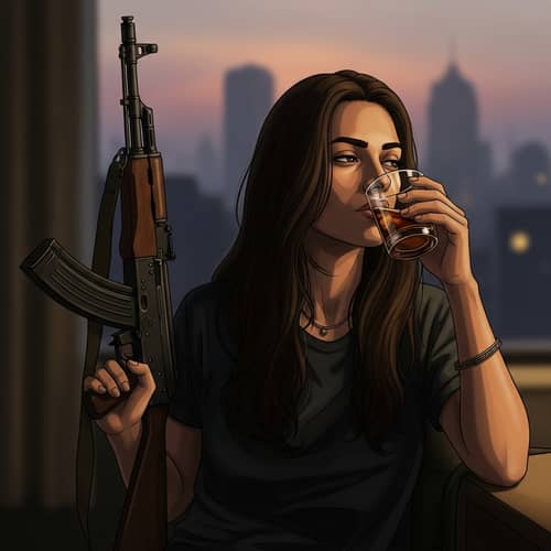 South Asian Woman with AK47 Holding Drink | Urban Silhouette Scene