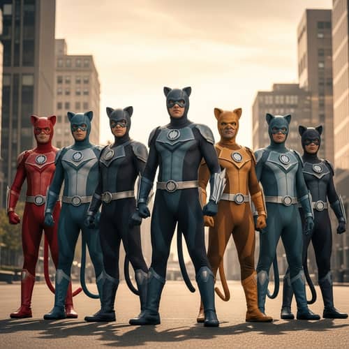 Feline Squad: Superhero Team in Unique Cat Costumes