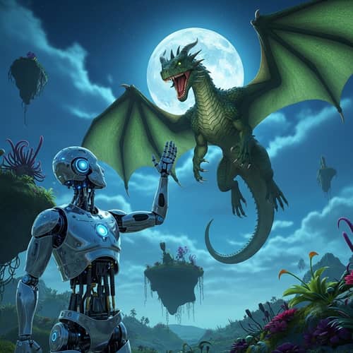 Humanoid Robot Interacting with Extraterrestrial Dragon in Alien Landscape