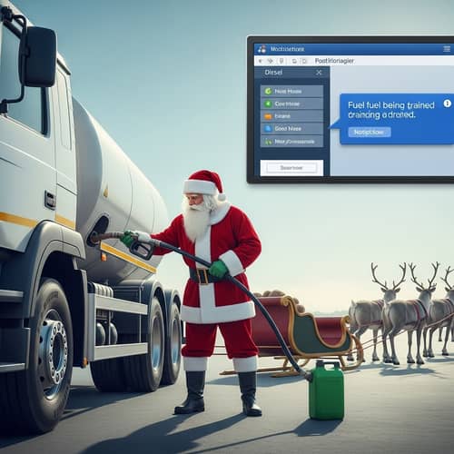 Christmas Character Refuels Sled with Diesel from Truck | Illustration