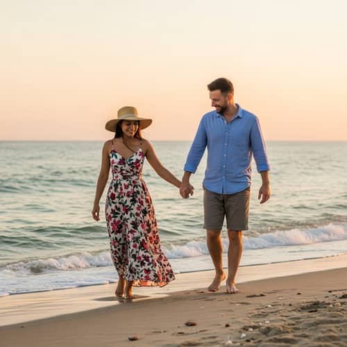 Romantic Beach Stroll: Hispanic Woman & Caucasian Man at Sunset