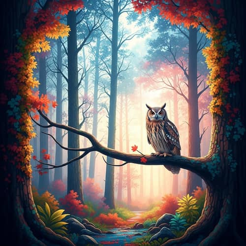 Whimsical Forest Scene with Majestic Owl Perched on Tree Branch