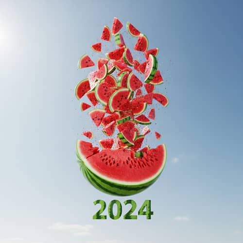 2024 Year Emblem Exploding Into Whirling Slices in the Sky