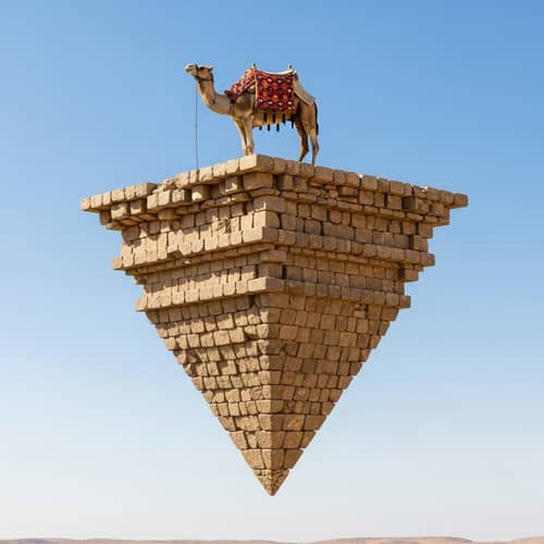 Upside-Down Stone Pyramid with Camel in Serene Desert Landscape