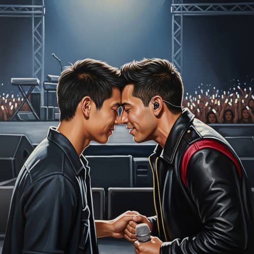 Intimate Moment: Young Asian Fan & Latino Singer Painting