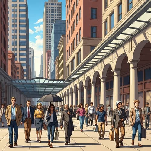 City Icon with Covered Sidewalks and Diverse Pedestrians