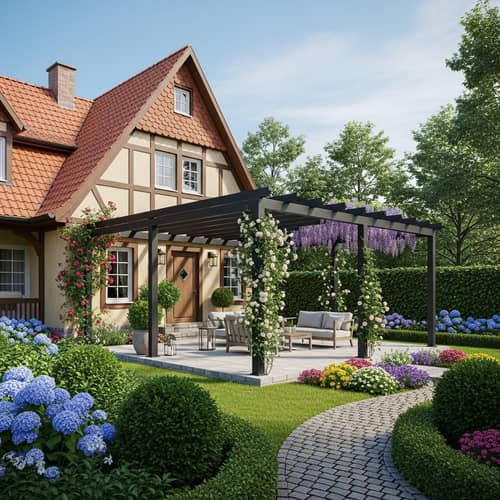 Luxurious Black Aluminum Pergola | Green Garden, House in Germany