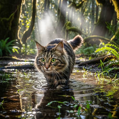 Cat Navigating Through Watery Forest