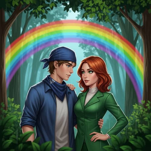 Serene Forest Scene with Boy and Girl under Rainbow