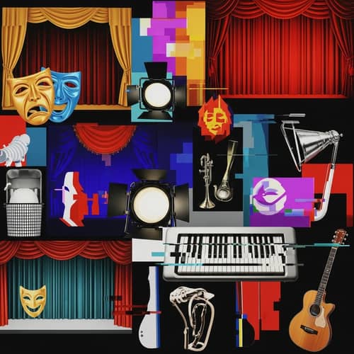 Vibrant Theatrical Abstract Collage with Glitch Effects