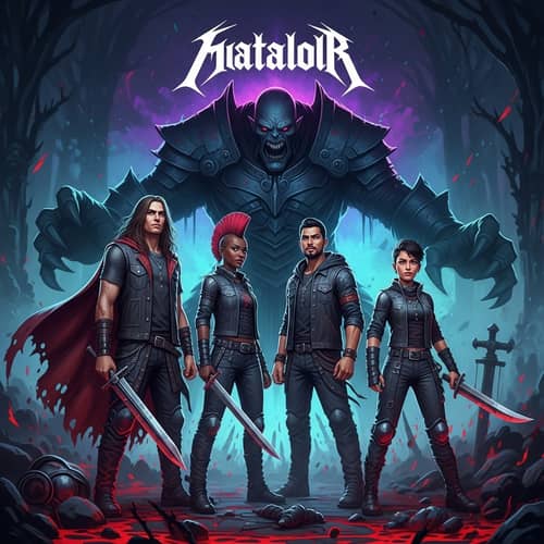 Dark Gothic Fantasy Album Cover with Metal Musicians Facing Villain