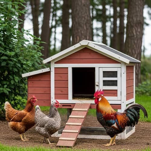 Hens and Rooster at Wooden Chicken Coop | Countryside Scene