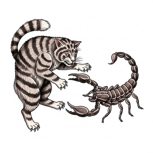 Intricate Cat and Scorpion Combat Tattoo Design