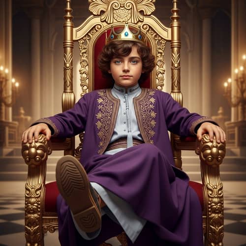 13-Year-Old Middle Eastern Boy in Traditional Arab Costume on Lavish Throne