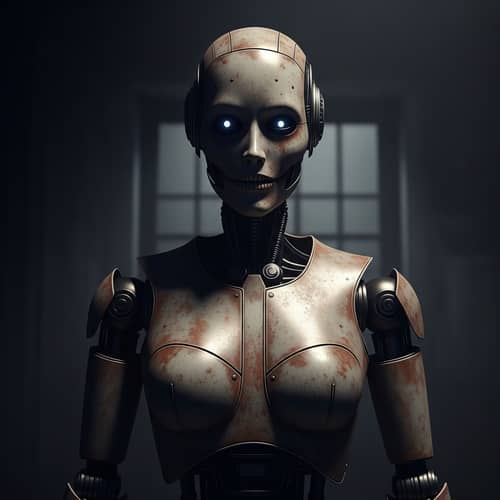 Eerie AI Robot in Horror Setting - Rusting Metallic Figure