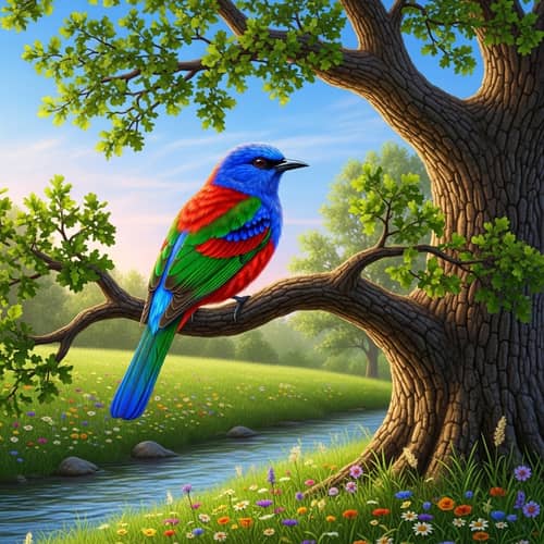 Vivid Azure Bird on Oak Tree in Serene Setting