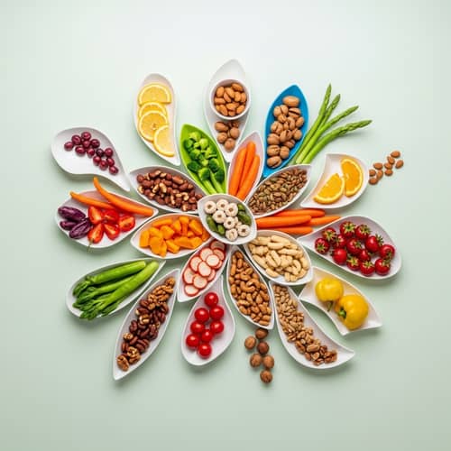 Artistic Vegan Snack Display: Fruits, Vegetables, Nuts & Seeds