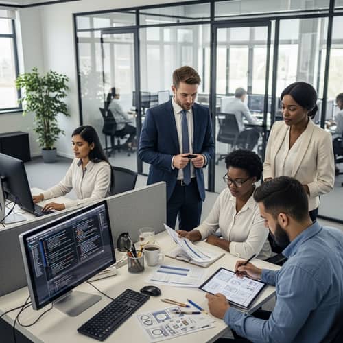 Diverse Professional Setting with Software Engineer, Project Managers, and Graphic Designer