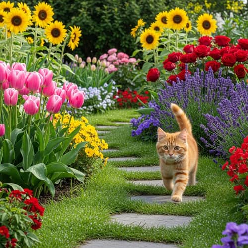 Vibrant Outdoor Garden Scene with Playful Cat Running