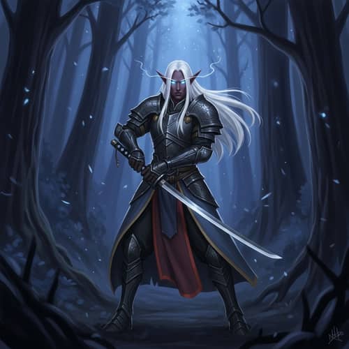 Powerful Dark Elf with Katana in Enigmatic Forest