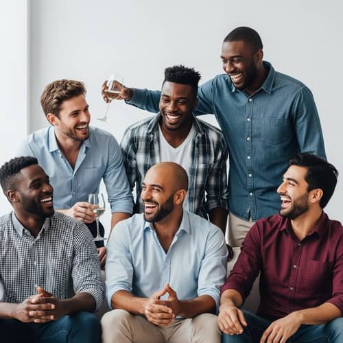 Joyful Gathering of Six Male Friends in Smart Casual Attire