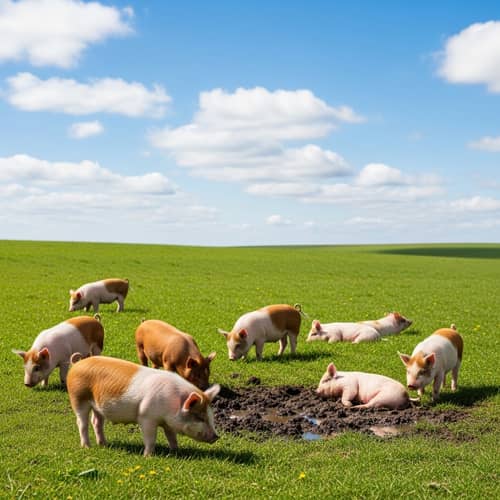 Lush Green Field with Miniature Pigs - Tranquil Countryside Scene