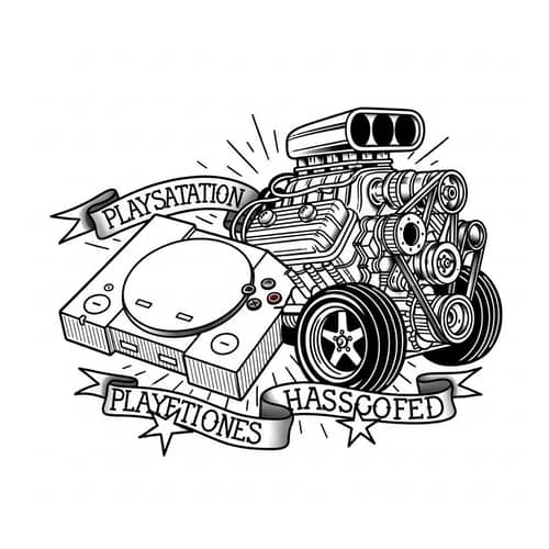Playstation One Console fused with V8 Engine in Tattoo Art Style
