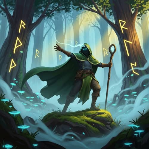 Dynamic Mysterious Figure in Vibrant Misty Forest