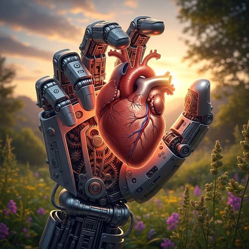 Detailed Mechanical Hand Holding Realistic Human Heart