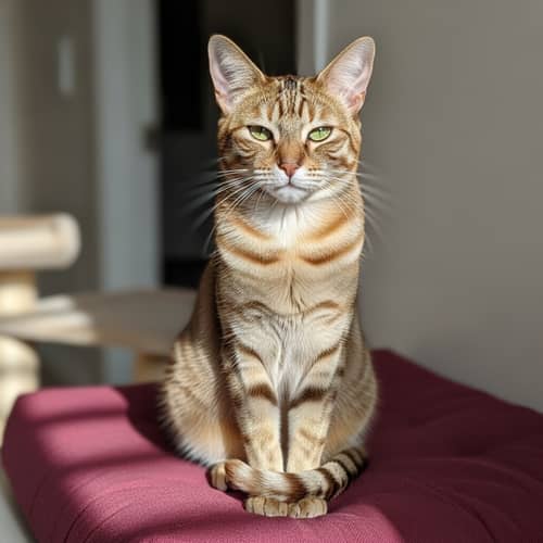Adorable Domestic Feline with Cocoa and Cream Fur on Burgundy Cushion