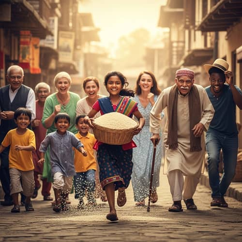 Global Community Scene: Young South Asian Girl Running with Basket of Rice