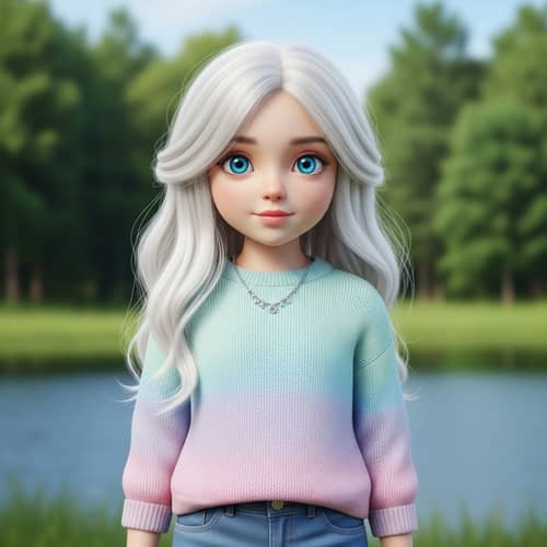 Caucasian Girl with Long White Hair and Blue Eyes