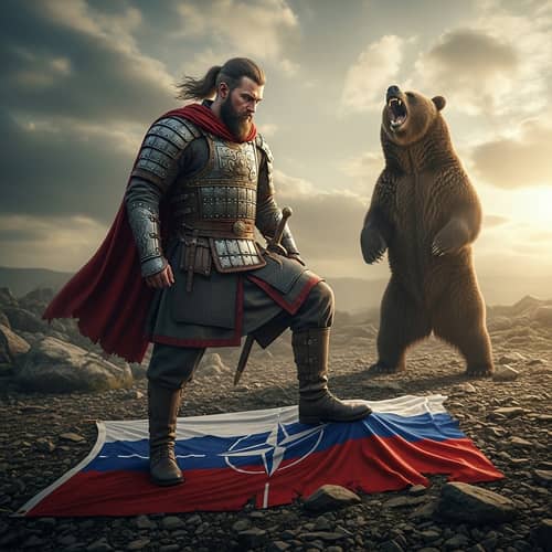 Russian Warrior Stepping on NATO Flag
